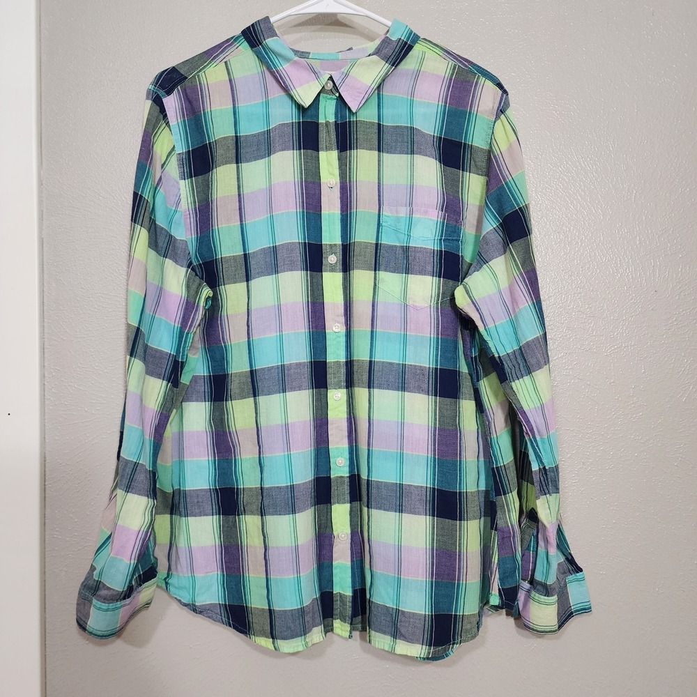 Old Navy Womens XL Plaid Button Down Shirt Long Sleeve Blue Green Flannel Top